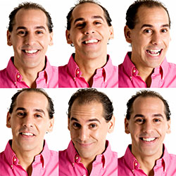 A man in a pink shirt with different facial expressions.