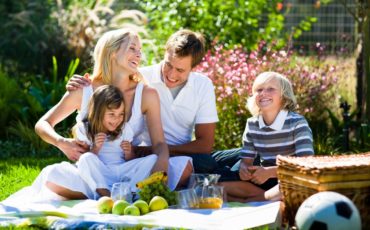 A family enjoying a picnic in the grass.